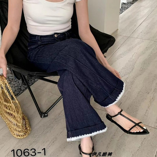 丹宁蓝不褪色牛仔裤蕾丝边直筒裤