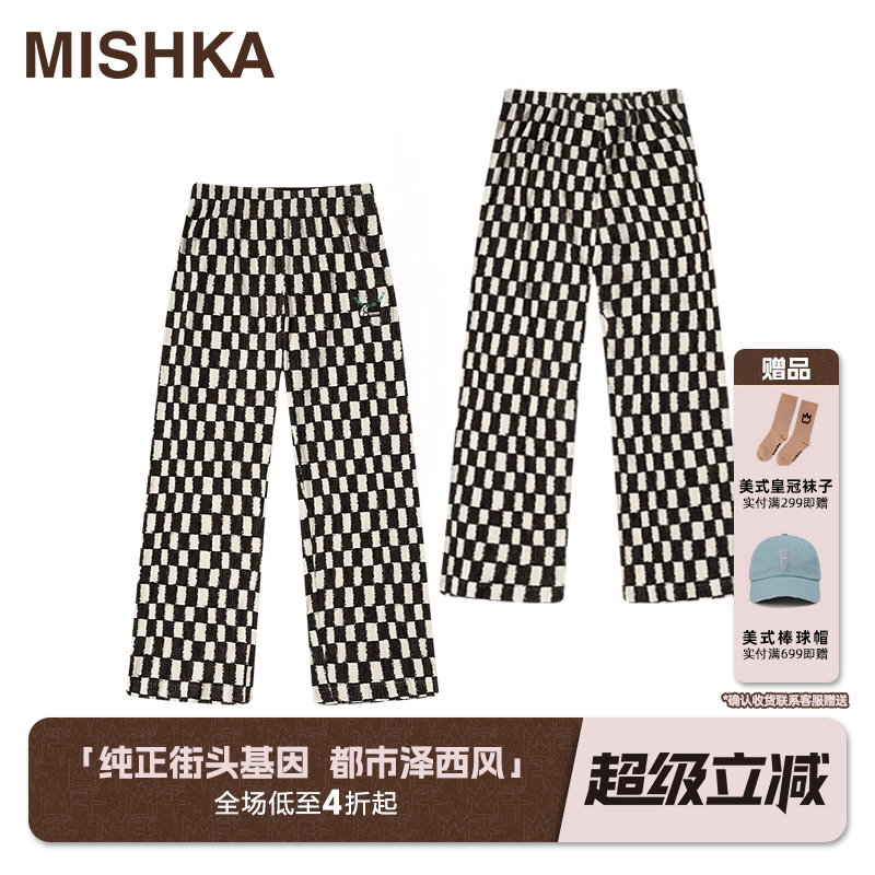 Mishka美式复古学院棋盘直筒长裤