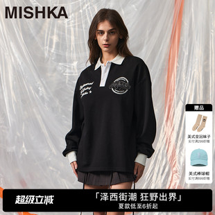 MISHKANYC美式 复古泽西风撞色宽松衬衫 领卫衣设计感长袖 T恤polo衫