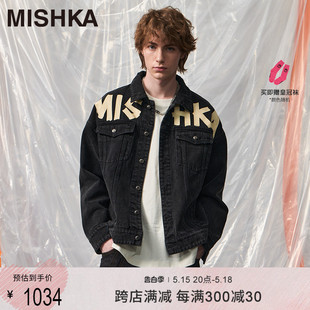 MISHKA大眼球美式 牛仔衣外套夏季 潮牌机车刺绣重工黑色夹克工装