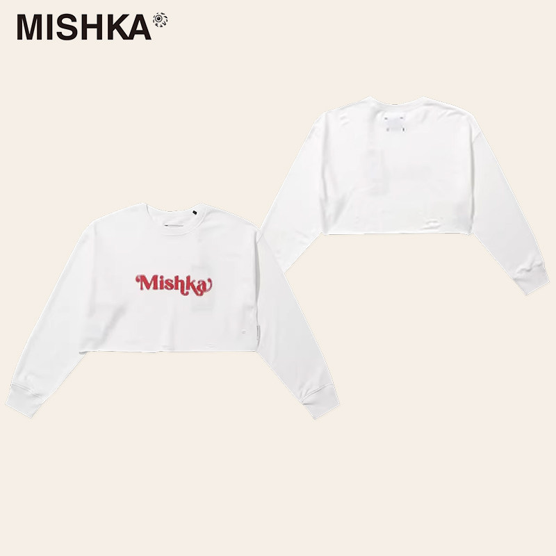 MISHKA大眼球美式复古多巴胺女士蝙蝠袖卡腰短款宽松长袖T恤