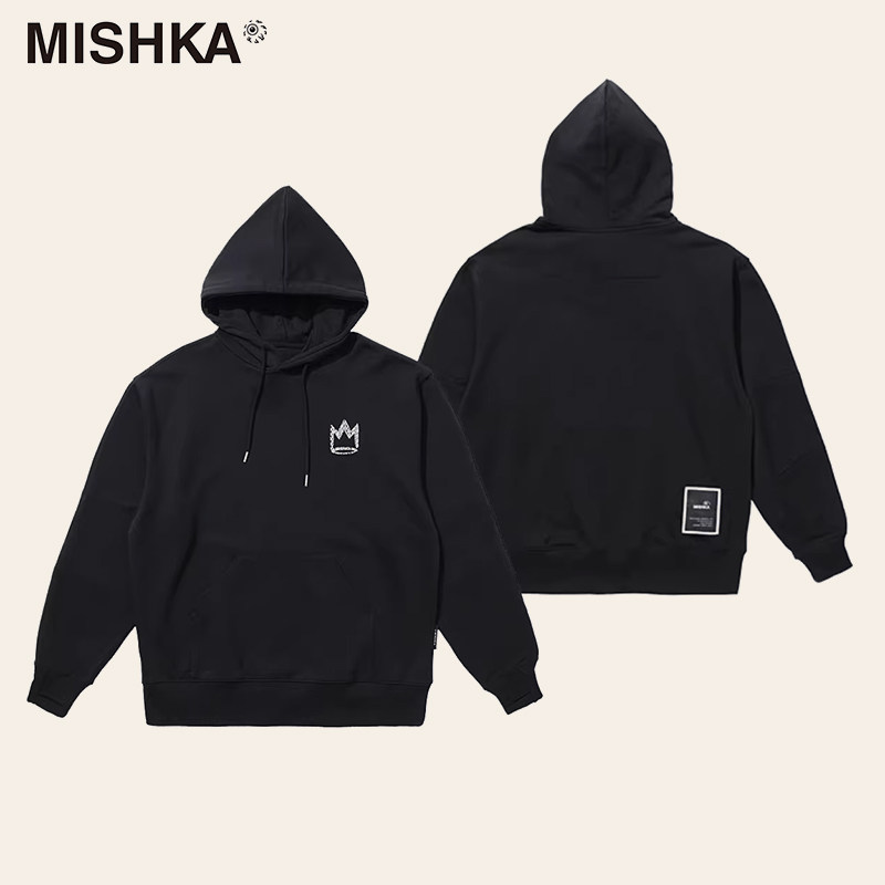 MISHKA大眼球秋冬美式高街潮牌宽松重磅黑色连帽卫衣外套纯棉