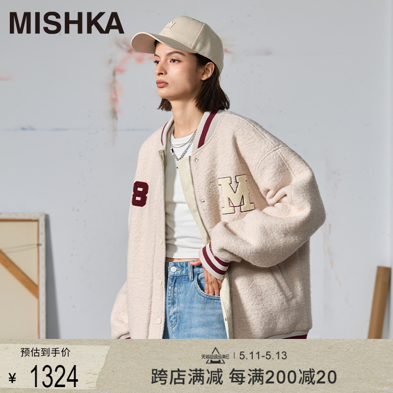 MISHKA大眼球美式复古秋冬季女款小个子棒球服短款外套仿羊羔绒