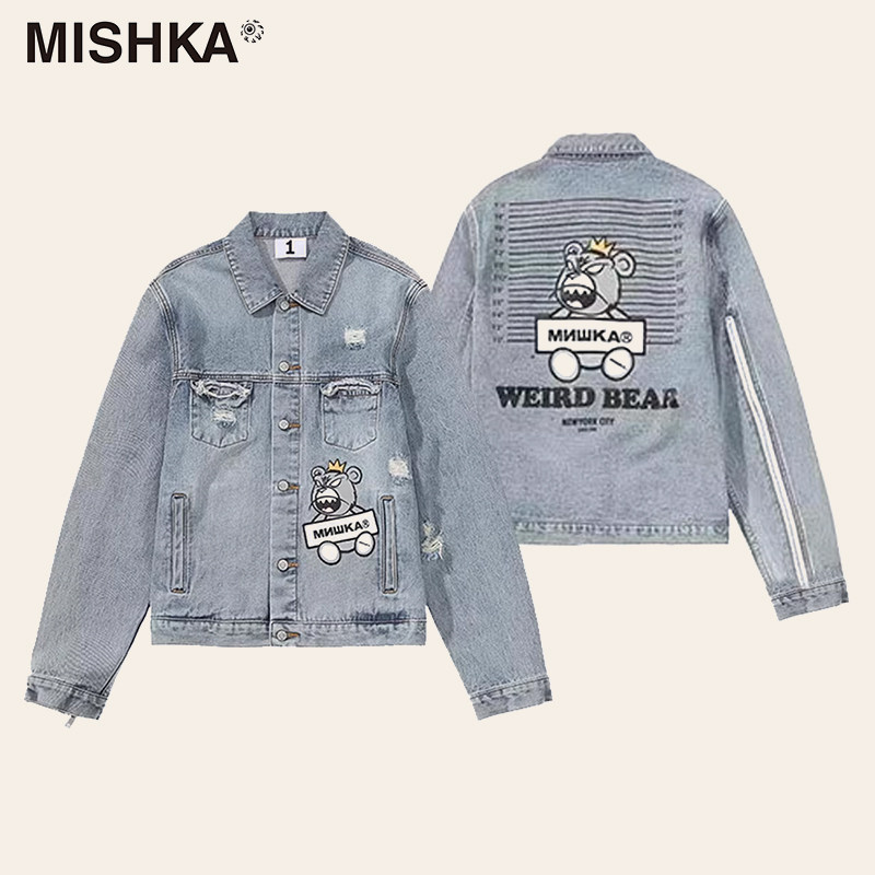 MISHKA大眼球潮牌春季新品 KA爷涂鸦熊破洞做旧长袖牛仔夹克美式