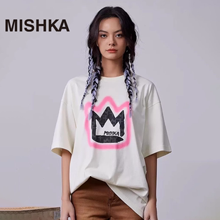 T恤女大版 MISHKA美式 复古潮牌夏季 短袖 宽松上衣白色纯棉oversize