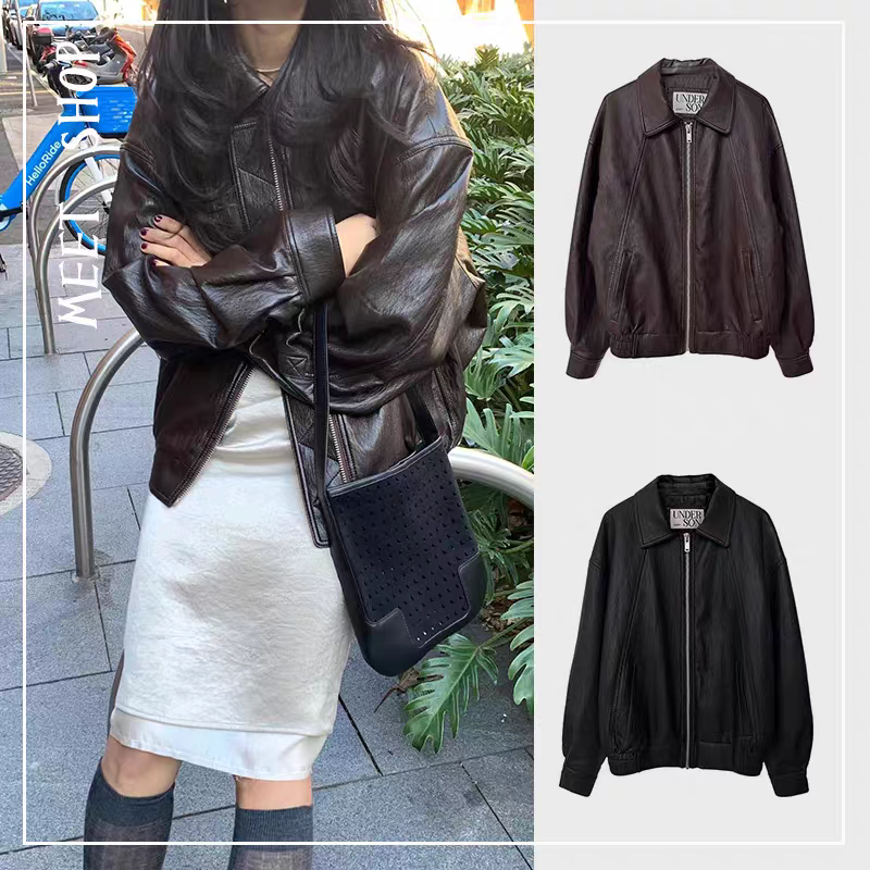 Somi家海外正品underson秋季新款复古美拉德翻领拉链皮衣夹克外套
