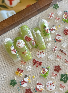 圣诞主题美甲贴纸绿色雪花雪人圣诞星星蝴蝶结装饰贴可DIY美甲贴