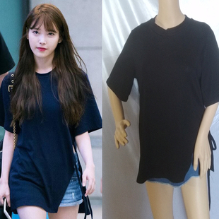 IU李智恩同款机场同款上衣侧开叉露腰宽松圆领短袖T恤性感打底衫