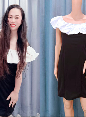 程潇同款连衣裙子韩版修身一字领露肩连衣裙荷叶边晚礼服A字裙