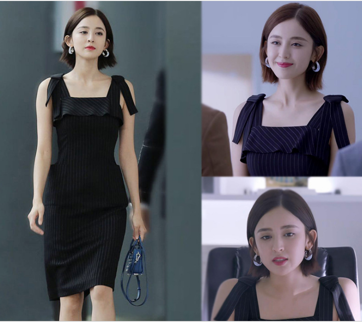 归还世界给你古力娜扎同款条纹连衣裙蝴蝶结修身ol荷叶边吊带裙女