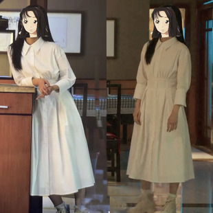 狂飙孟钰李一桐同款白色连衣裙女春夏高腰显瘦a字法式衬衫裙长裙