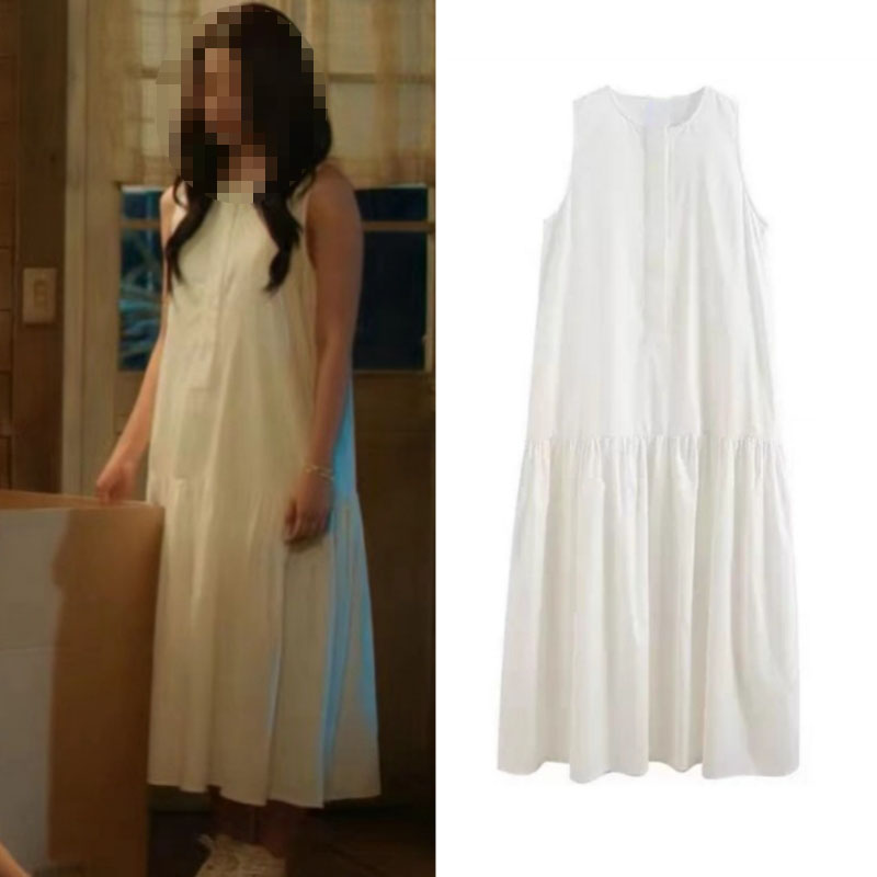 夏花何冉徐若晗同款白色无袖连衣裙女宽松简约甜美中长款衬衫裙子 - 实物图