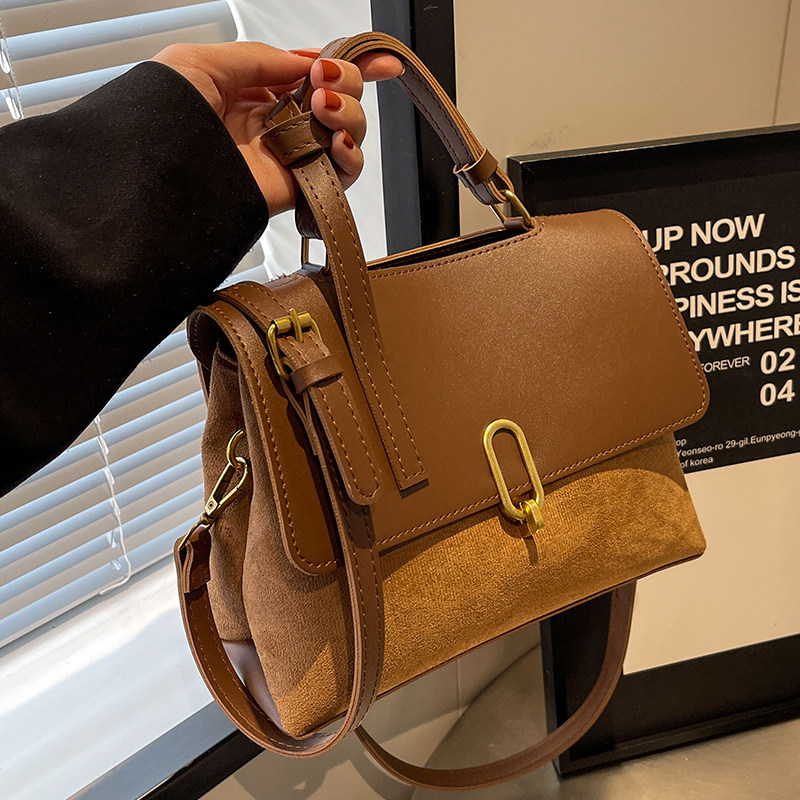 美拉德复古手提小包包女2023新款秋冬时尚百搭斜挎包拼接单肩小包