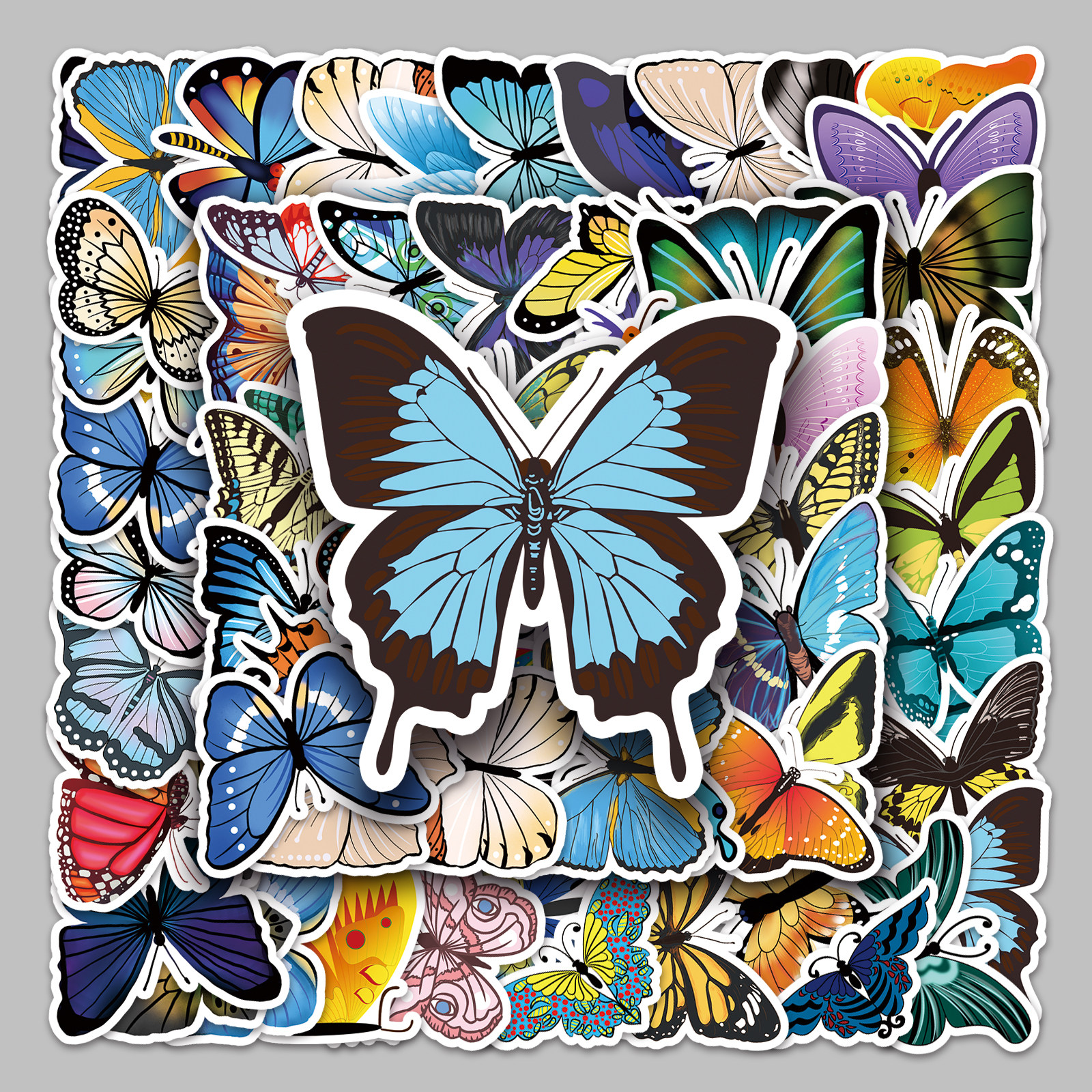 58张不重复彩色蝴蝶涂鸦卡通贴纸行李箱摩托车汽车防水装饰贴画