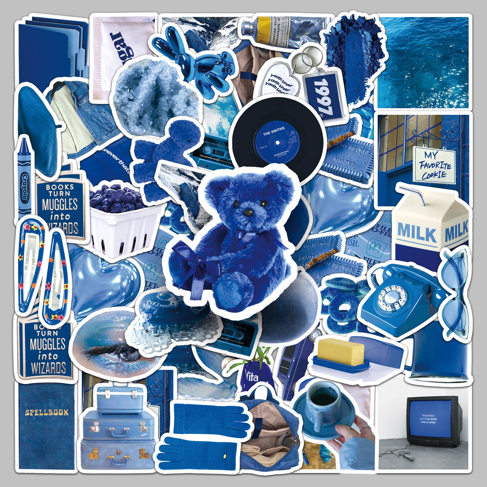 50张蓝色ins风韩系贴纸小清新手帐素材diy装饰行李箱拉杆箱防水贴