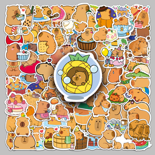 100张CAPYBARA贴纸水豚Q版动物防水涂鸦装饰手账本摩托车滴胶贴纸