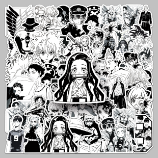 50张黑白日漫二次元动漫卡通人物手帐贴纸装饰行李箱笔记本贴画