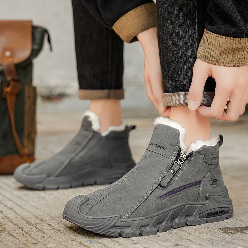 一脚蹬男鞋2025冬季新款加绒加厚保暖皮毛一体棉鞋高帮运动休闲鞋