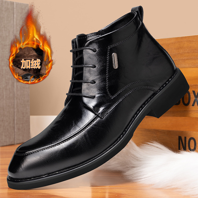热卖冬季新款加毛正装商务皮鞋男休闲高帮加绒保暖棉鞋德比鞋代发