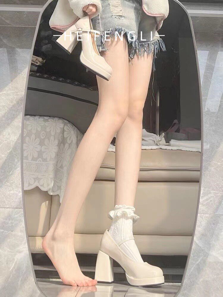 气质伴娘法式一字带玛丽珍鞋防水台粗跟单鞋米白色鞋高跟鞋女婚鞋