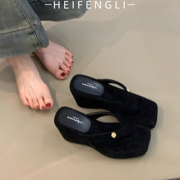 羊皮版~小个子增高厚底夹趾人字拖女外穿坡跟凉拖鞋法式高跟凉鞋