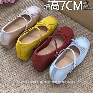小个子增高7cm玛丽珍鞋 女蝴蝶结一字带银色晚晚风温柔粗跟芭蕾鞋