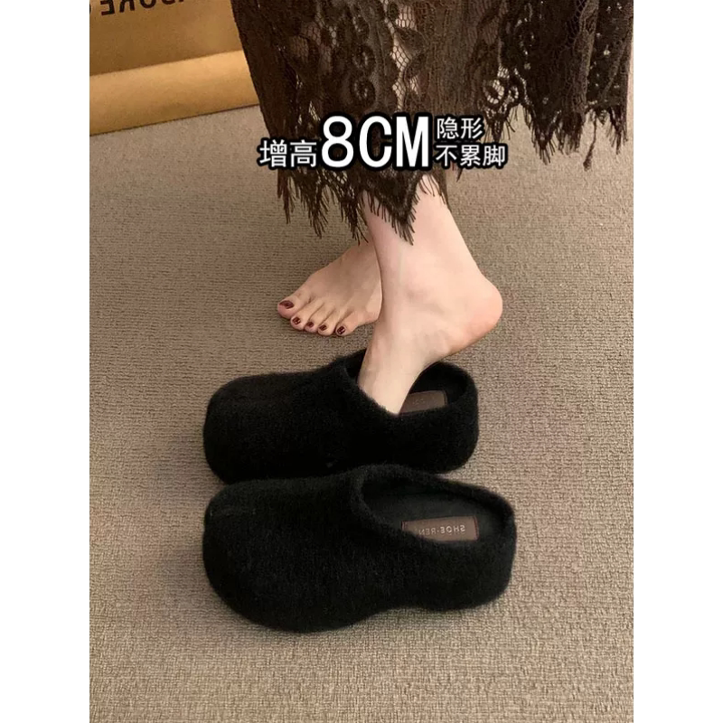 小个子厚底增高8cm毛毛博肯拖鞋女外穿复古懒人一脚蹬保暖包头拖