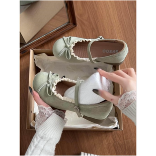 法式复古风圆头玛丽珍鞋女春季一字扣森系蝴蝶结芭蕾舞鞋粗跟单鞋