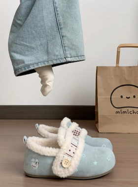 复古厚底一脚蹬加绒勃肯鞋女2025新款冬季保暖毛毛鞋小白鞋二棉鞋