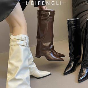 尖头靴子女粗跟西部牛仔靴法式骑士靴高跟长筒靴辣妹炸街裤管靴子