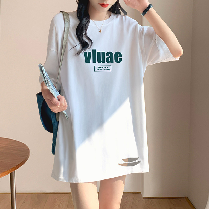 中长款白色短袖T恤女上衣服夏装宽松纯棉大版体恤小众设计感国潮
