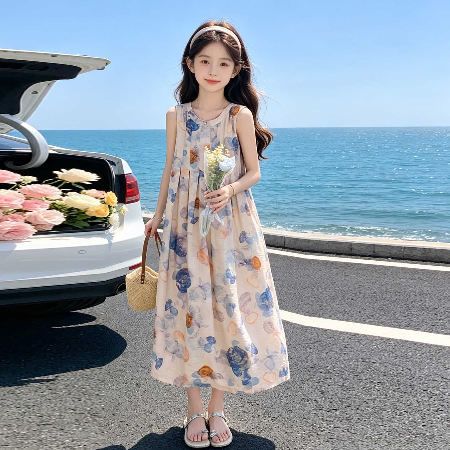 女童连衣裙2026夏季新款儿童洋气时髦中大童学生休闲度假风长裙子
