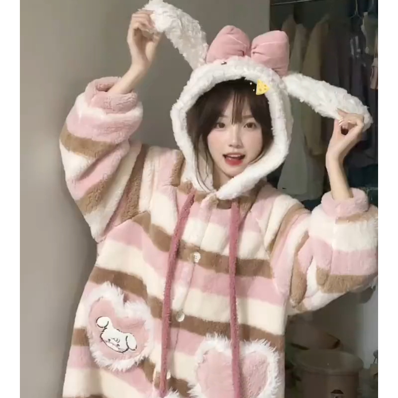 日系可爱mikko睡衣女款冬季长袖网红风ins萌系小清新睡袍加厚少女