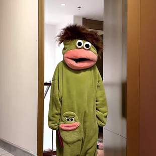 大嘴怪睡衣女冬加厚情侣连体丑鱼睡袍毛绒个性搞怪丑萌男冬季搞笑