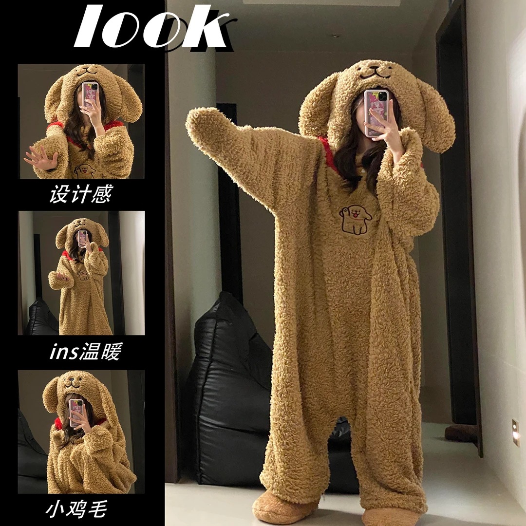 卡通搞怪可爱小熊珊瑚绒连体睡衣女冬季新款情侣小狗家居服男睡袍