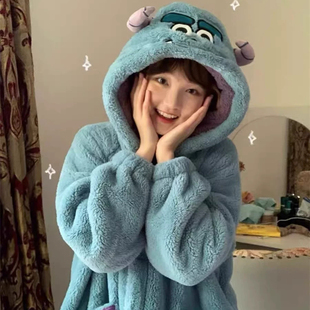 可爱苏利文怪兽睡衣女珊瑚绒睡袍冬季加绒加厚家居服套装卡通冬天