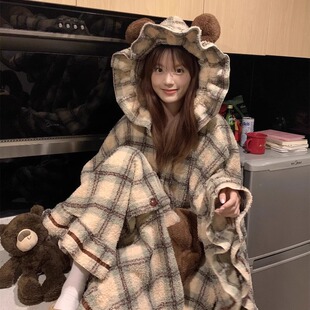秋冬季格纹可爱小熊披风学生睡袍女冬款2025新款加厚冬天斗篷睡衣