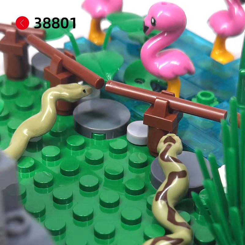 包邮小颗粒拼插38801蟒蛇动物积木场景MOC森林河流零件配件玩具