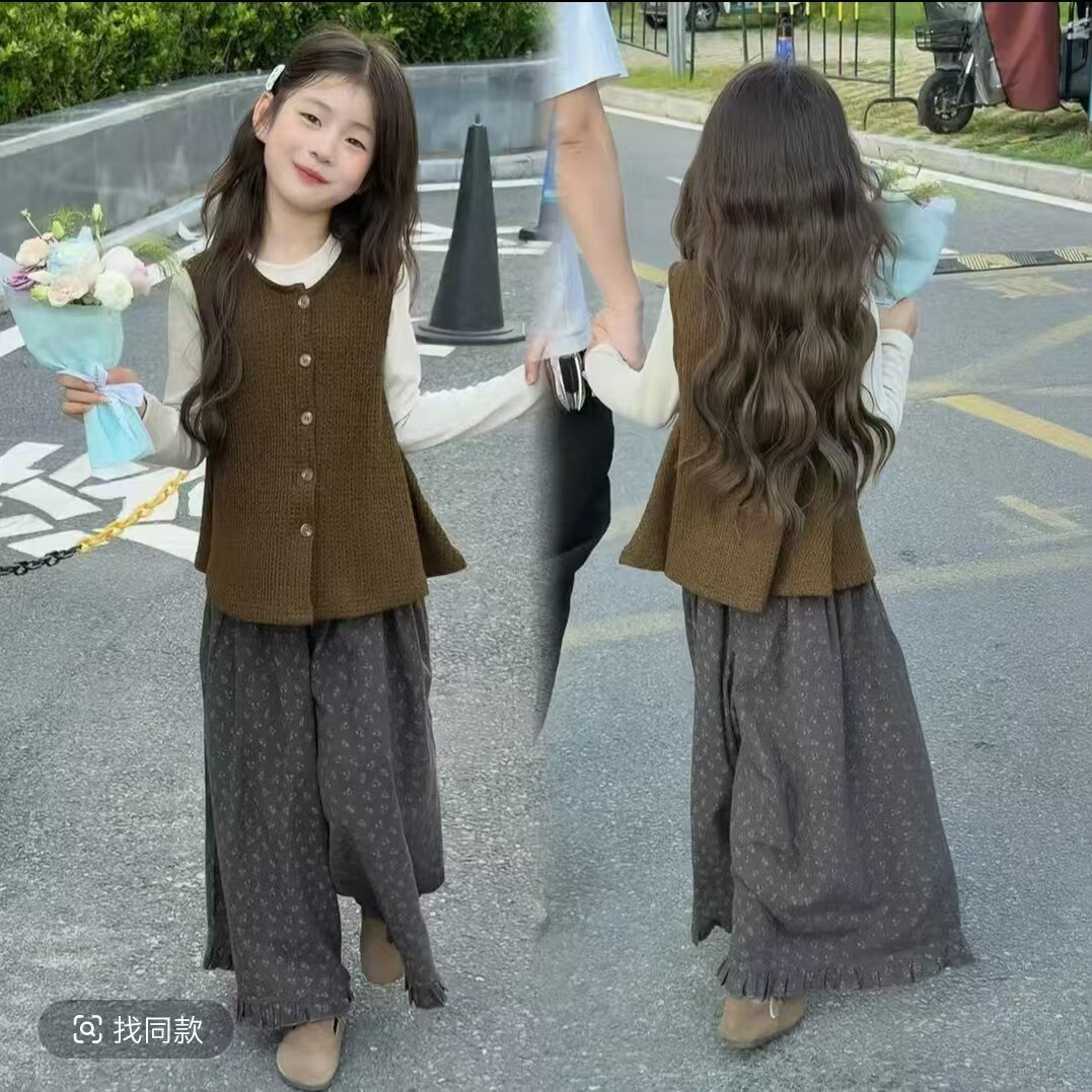 女童秋季套装森系衬衫格纹儿童拼接复古针织马甲阔腿裤秋装三件套