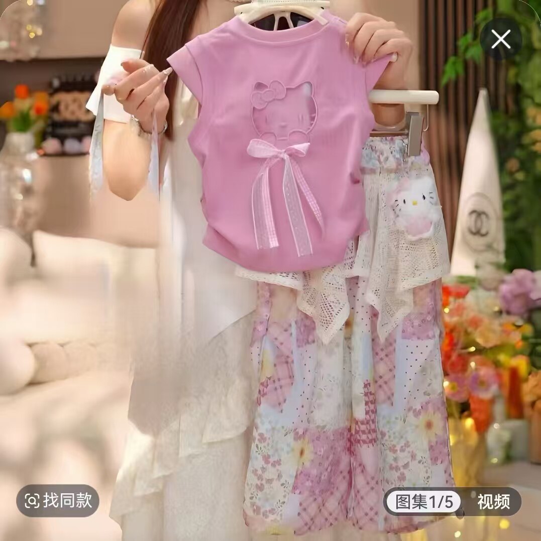 女童夏季甜美卡通Hello Kitty短袖套装两件套