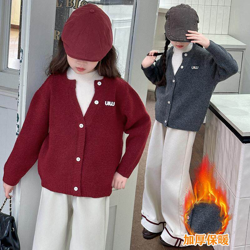 女大童秋冬毛衣套装2024新款韩版女孩时髦假两件加厚针织衫阔腿裤