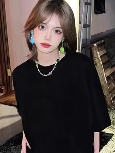 宽松遮肚甜酷风简约炸街上衣显瘦半袖 胖mm大码 夏季 t恤女短袖 美式