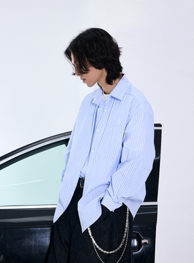 ROGIC逻辑 天蓝色双层活页结构长袖衬衫男女条纹衬衣