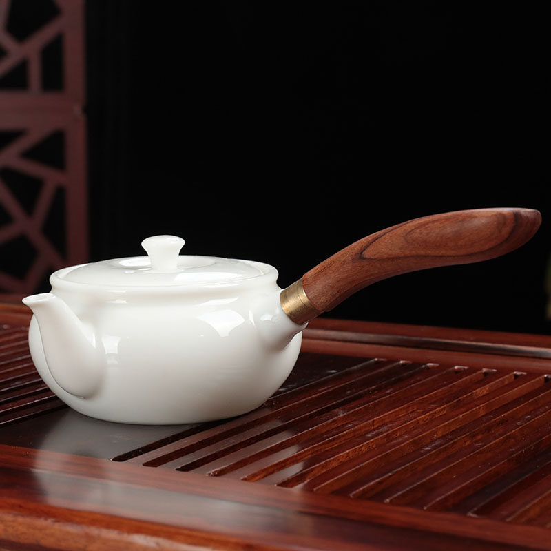羊脂玉泡茶壶单壶陶瓷德化白瓷家用功夫茶具壶陶壶单个木柄侧茶壶
