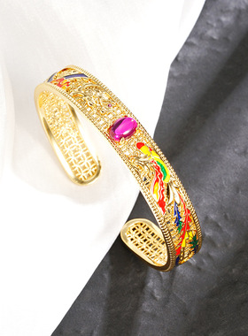 沙金镀18k手镯中国风镶锆滴油龙凤镯子女国潮久不掉色手饰品