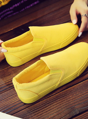 2026春季情侣帆布鞋女平底小白鞋一脚蹬懒人街头布鞋男黄色女鞋子