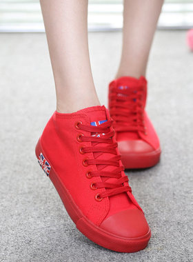高帮红色帆布鞋大码女鞋40 41 42 43平底黑色百搭学生休闲鞋春季