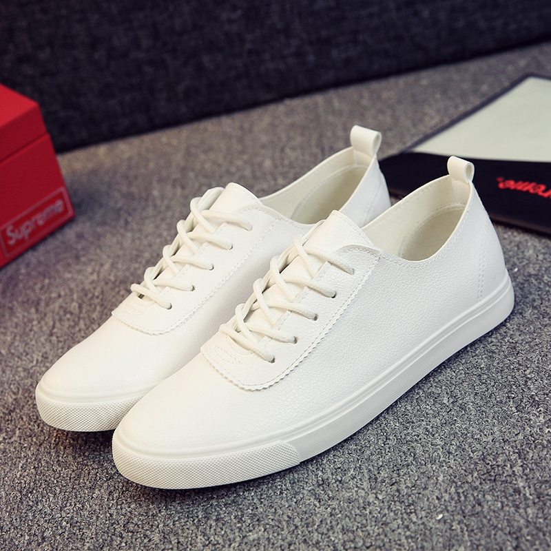 男女休闲风系带防水皮面小白鞋