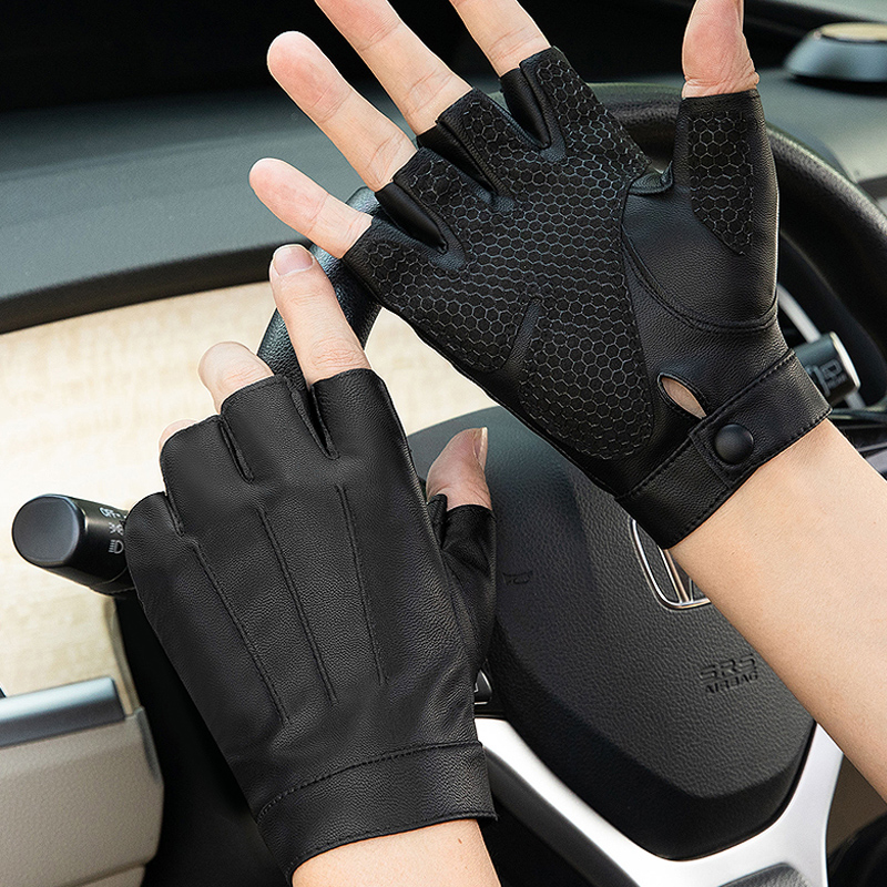 皮手套半指男士秋冬季加绒保暖触屏骑行开车防水防滑户外露指手套