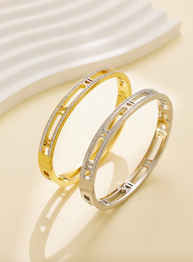 欧美新款热销推荐金色手镯女INS风轻奢百搭镶钻锆石手环钛钢批发